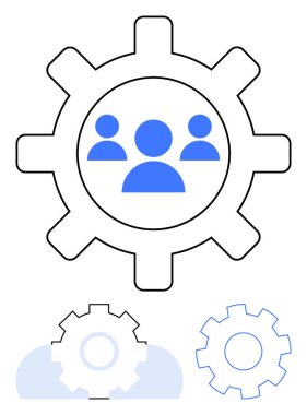 Mavi takım simgeleri bir dişli vurgulama takım çalışması, optimizasyon ve sistem verimliliği içinde kaplanmıştır. İşbirliği, üretkenlik, iş akışı, sistem yönetimi, insan kaynakları ve yenilik için ideal