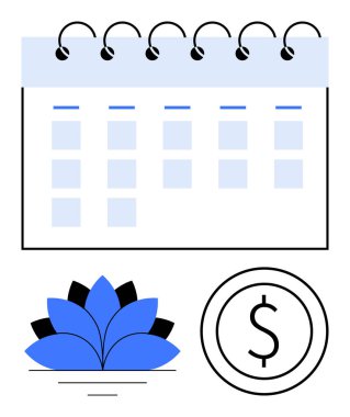 Spiral takvim, soyut mavi çiçek, dolar işareti daire şeklinde. Planlama, tasarruf, bütçe, planlama, finansal büyüme zamanı yönetimi verimliliği için ideal. Basit düz metafor