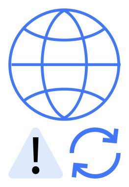 Küresel bağlantıyı temsil eden küre, uyarı sembolü uyarıyı işaret ediyor ve güncellemeleri gösteren ikonu tazeliyor. Teknoloji, iletişim, siber güvenlik, alarm, senkronizasyon, bakım için ideal