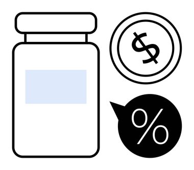 Bir dolarlık madeni para ve yüzdelik sembolü olan ilaç şişesi sağlık giderlerini, fiyatları, satışları, tasarrufları, indirimleri veya ekonomik analizleri gösteriyor. Tıbbi masraf, bütçe, sağlık tasarrufu maliyeti için ideal