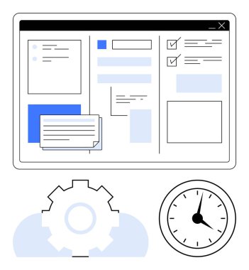 Görev listeli bilgisayar ekranı, girdi alanları, ve saat ve teçhizatın yanında yerleşim kutuları. Üretkenlik, iş akışı, zaman yönetimi, planlama, organizasyon, iş araçları için ideal basit
