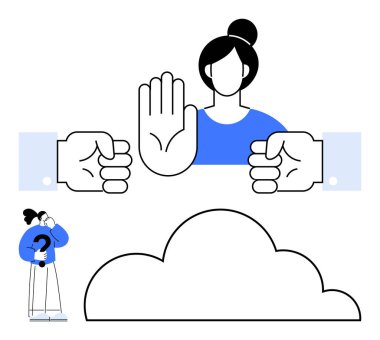 Kadın karşı karşıya gelmekten kaçınmak için duruş hareketi yapıyor. Altında, daha küçük bir rakam kararları sorguluyor. Çatışma çözümü, sınır ayarları, iletişim, sorun çözme için ideal