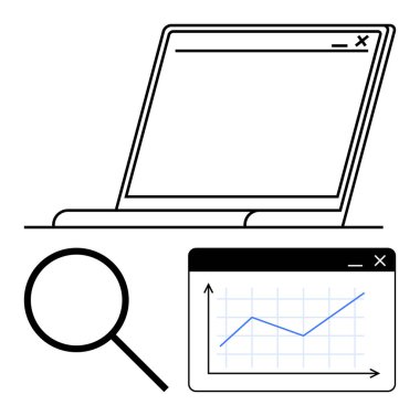 Dizüstü bilgisayar, büyüteç ve yükselen eğilimli grafik penceresi. İş, analitik, teknoloji, veri görselleştirme, araştırma web geliştirme eğitimi için idealdir. Basit düz metafor