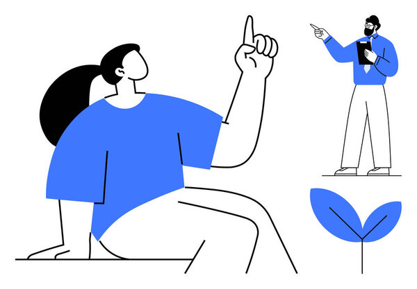 Женщина поднимает руку, выражая идею, наставник указывает направление, держа ноутбук, символ роста листа. Идеально подходит для обучения, наставничества, творчества, командной работы, руководства, самосовершенствования вдохновения