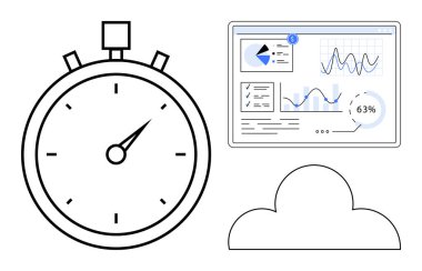 Grafikler, çizelgeler ve istatistiklerle dolu veri panelinin yanındaki kronometre bir bulut simgesi ile eşleştirildi. Üretkenlik, analitik, performans, veri analizi, bulut hesaplama zaman yönetimi dairesi için ideal