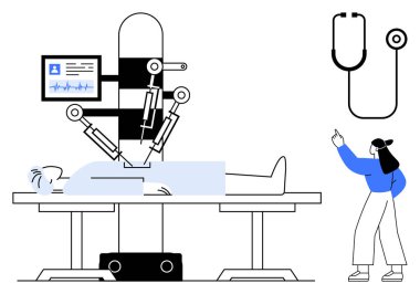 Tıbbi robot ameliyat masasında yatan bir hastayı ameliyat ederken bir doktor da ona bakıyor. Sağlık, teknoloji, yenilik, robot bilimi, teletıp, yapay zeka, gelecek tasarımı için idealdir. Düz