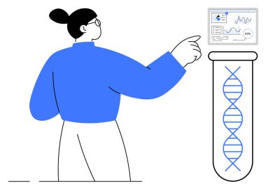 Bilim adamı, DNA sarmalı olan büyük bir test tüpünün yakınındaki dijital ekranda gösterilen DNA analizini gözlemliyor. Araştırma, genetik, yenilik, teknoloji, biyoloji, tıp, eğitim için ideal. Düz basit