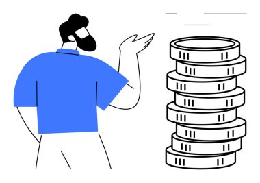 Mavi gömlekli, kendine güvenen, madeni gelişimini sembolize eden yüksek bozuk para yığınına doğru hareket eden bir adam. Yatırım, zenginlik yönetimi, ekonomik analiz, bütçe, tasarruf, bankacılık için ideal