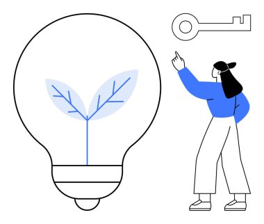 Anahtara doğru hareket eden kadın, filizlenen yapraklı ampul yenilikleri, çözümleri ve sürdürülebilirliği simgeliyor. Büyüme, yaratıcılık, eko-odaklanma, problem çözme, strateji motivasyonu için idealdir.