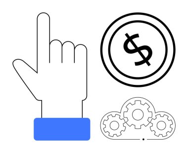 İşaret parmağı dolar sembolü madeni para ve birbirine bağlı dişlileri işaret ediyor. Finans, iş stratejisi, karar verme, teknoloji, ekonomi, üretkenlik ve yenilik için idealdir. Düz basit