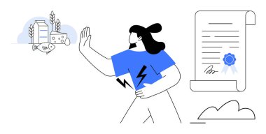 Karnını tutan bir kadın süt, peynir ve balık da dahil olmak üzere süt ürünlerini reddediyor. Resmi belge yasal, sağlık ya da beslenme sertifikasını gösterir. Yiyeceğe tahammülsüzlük için ideal.