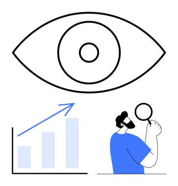 Odak çemberli göz, büyüteçle analiz eden kişi, yukarı doğru grafik oku. Veri analizi, büyüme, araştırma, vizyon, strateji izleme inovasyonu için ideal. Düz basit metafor