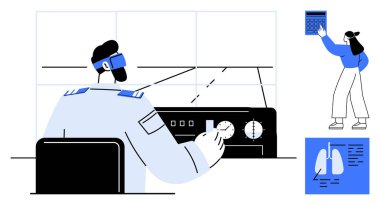 Pilot, gözlem panelleri ve sanal gerçeklik kulaklıklarıyla kokpit arayüzü kullanıyor. Planlayıcı takvim ve kontrol listesi ile etkileşir. Havacılık, simülasyon, teknoloji, takım çalışması ve yenilik için ideal