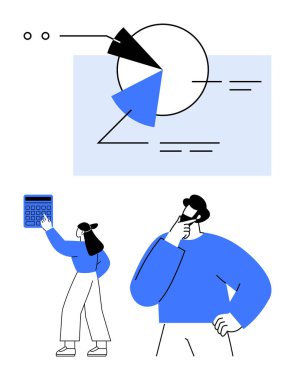 Pasta çizelgesi ve grafik analizi, kadın hesap makinesi kullanıyor, erkek tefekkür ediyor. Analiz, takım çalışması, strateji, finansal planlama, araştırma, problem çözme metaforu için ideal