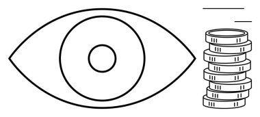 Maliye, anlayış, değer, vizyon, zenginlik yönetimi, ekonomi ve tasarruf temalarını öneren madeni paraların yanında eşmerkezli çemberler olan göz. Yatırım odaklama için ideal, düz basit metafor