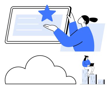 Elinde yıldız tableti, altında bulut simgesi olan bir kadın dijital kavramları vurguluyor. Dizüstü bilgisayarla çizelgede daha küçük bir figür. Bulut hesaplama, veri analizi, başarı, yenilik ve teknoloji için ideal
