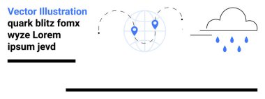 Yerleri saptanmış küre, bağlantıyı gösteren noktalı yol, yağmur yağışı yayan bulut. Seyahat, lojistik, çevre, hava durumu uygulamaları, küresel ağ, eğitim için ideal basit iniş sayfası