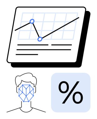 Yüzdeki yüz tanıma kalıbı, artan eğilimli grafiği ve yüzde işareti teknolojiyi, veri analizini, izleme ve yapay zeka uygulamalarını vurguluyor. Güvenlik ve araştırma için ideal