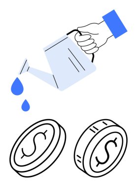 Bozuklukların üzerine su damlası dökmek için sulama tenekesi kullanmak finansal büyüme, yatırım, beslenme fikirleri, tasarruf stratejileri. Finans, iş, girişimcilik, finansman ve zenginlik için ideal