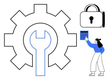 Kadın dişli ve kilitli sayısal tuş takımı ile etkileşime giriyor. Güvenlik, erişim kontrolü ve yönetimi simgeliyor. Teknoloji, siber güvenlik, yazılım, geliştirme, ayarlama araçları için ideal erişim