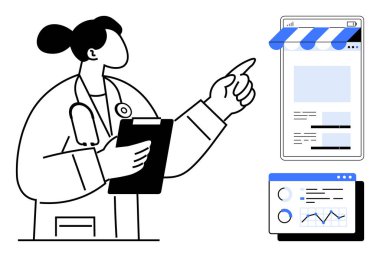 Sağlık hizmetleri arayüzlerine ve analitik gösterge paneline işaret ederken elinde bir pano tutan bir tıp uzmanı. Teknoloji, sağlık çözümleri, teletıp, yenilik, tanı, araştırma için ideal