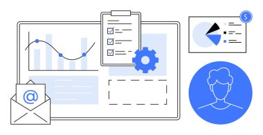 Çizelgeler, listeli pano, e- posta simgesi, ayarlar takımı ve kullanıcı profili. Analiz, iş akışı optimizasyonu, e-posta pazarlaması, karar verme verilerinin planlanması ve ekip oluşturulması için ideal