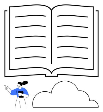 Görünür çizgileri olan açık bir kitap, aşağıda bir bulut ve elinde tablet tutarken işaret eden bir kişi. Eğitim, öğrenme, çalışma, bulut depolama, çevrimiçi kütüphane teknolojisi ve yaratıcılık için ideal. Düz basit