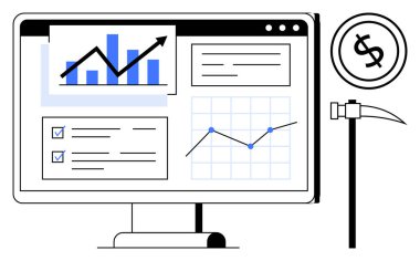 Yakınlarda bir kazma ve dolar işareti olan grafikler, çizelgeler ve kontrol listelerini gösteren bilgisayar ekranı. Basit bir metaforda iş, finans, analiz, madencilik, veri, ilerleme yatırımı için ideal