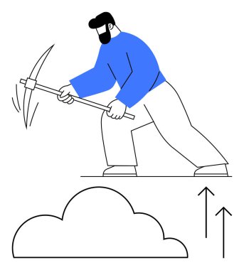 Kazmalı adam yere çarpıyor, aşağısı bulutlu ve oklar yukarı bakıyor. Veri madenciliği, dijital depolama, teknoloji, yenilik, bulut hesaplama, işlem otomasyonu, düz basit metafor için ideal