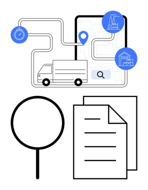 Teslimat kamyonu rotayı belirledi. Konum lobutları, kronometre, endüstri ikonları, büyüteç ve belgeler. Lojistik, planlama, analiz, ulaşım verimliliği için ideal