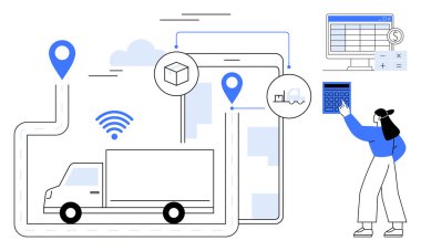 GPS işaretleyicileri, dijital arayüzü, küp simgesi, hesap makinesiyle veri analiz eden bir kadın taşıyan bir kargo kamyonu. Lojistik, tedarik zinciri, veri analizi, ulaşım, teknoloji e-ticaret için ideal