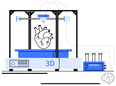 Üç boyutlu yazıcı, tıbbi ekipman ve beyin diyagramı ile çevrili bir insan kalbi üretiyor. Yenilik, teknoloji, sağlık, tıp, gelecek, biyoteknoloji ve bilim için ideal. Düz basit metafor