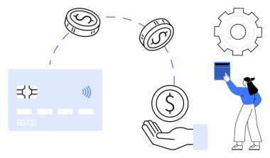 Kredi kartı, para sikkeleri, el, tabletle hesaplama yapan kişi, finansal sistemleri simgeleyen teçhizat. Finans, bankacılık, e-ticaret fintech tasarruf bütçesi dijital ekonomi için idealdir. Düz basit