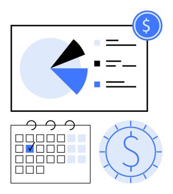 Pasta grafiği ve veri görselleştirme, işaretli tarihli takvim, para birimi sembolü. Finans takibi, bütçe belirleme, ödeme programları, proje yönetimi, hedef planlama ve zaman organizasyonu için ideal. Düz