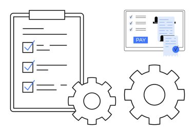 Panodaki görev listesi, dişli simgeleri ve ödeme işleme ekranlı bir tablet. Proje yönetimi, iş akışı otomasyonu, süreç optimizasyonu, görev izleme, çevrimiçi ödemeler için ideal