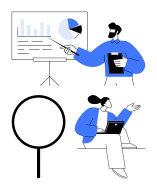 Grafik panosundaki verileri açıklayan sunucu, tartışmalı dizüstü bilgisayarda oturan ve detaylara odaklanan büyültücü. Takım çalışması, eğitim, analiz, araştırma ve planlama için ideal