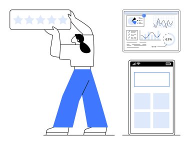 Beş yıldızlı bir derecelendirme çubuğu elinde tutan kişi, grafikli analitik gösterge paneli ve mobil arayüz modeli. Geri bildirim, müşteri memnuniyeti, analitik, uygulama tasarımı, kullanıcı deneyimi, dijital araçlar için ideal