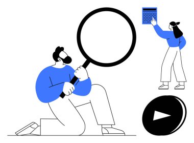 Adam büyüteçle kontrol ediyor, kadın hesap makinesiyle etkileşime geçiyor. Araştırma, analiz, problem çözme, karar verme, öğrenme, eğitim ve takım çalışması için ideal. Düz basit metafor