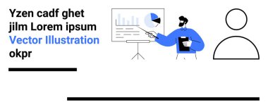 Panodaki grafik ve çizelgeleri kullanarak veri sunan kişi. İş, eğitim, analitik, takım işbirliği, strateji planlaması, eğitim, basit iniş sayfası için ideal