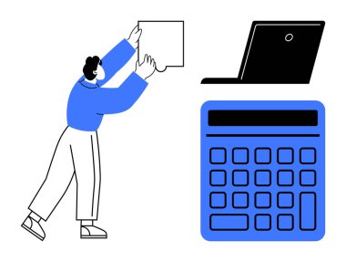 Sorun çözme, analiz, proje planlama, strateji, takım çalışması, yenilik ve organizasyonu temsil eden büyük dizüstü bilgisayarlı ve hesap makineli bir yapboz parçası. Basit bir daire için ideal