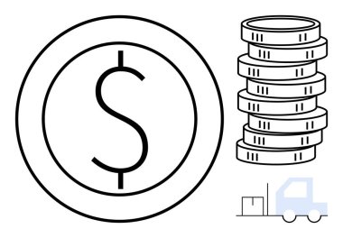Bir madeni paranın üzerinde dolar işareti, istiflenmiş paralar ve içinde finans, iş, nakliyat, bankacılık, e-ticaret, yatırım ve lojistiği vurgulayan kutularla dolu teslimat kamyonu. Minimalist tasarım düz metafor