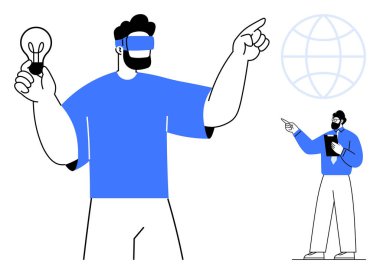 İki birey etkileşimde, biri VR kulaklıklı, diğeri de tabletli. Teknoloji, yenilik, takım çalışması, eğitim, yaratıcılık, küresel bağlantı, geleceksel vizyon için idealdir. Düz