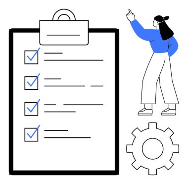 Kontrol listesi, kontrol işaretleri ve dişli simgesi olan büyük bir pano. Görevleri işaret eden bir kadın. Görev yönetimi, verimlilik, organizasyon, takım çalışması verimliliği için ideal hedef belirleme. Düz basit