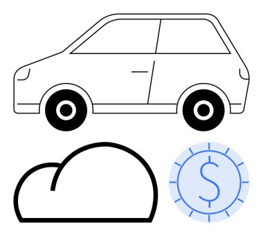 Bulut ve bozuk para sembollü araba ana hatları dolar işareti içeriyor. Otomotiv, bulut hesaplama, araba paylaşımı, finans, veri depolama, teknoloji ve dijital ekonomi için ideal. Temiz düz basit metafor