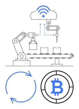 Taşıyıcı, bulut veri, engelleme zinciri ve geri dönüşüm kavramları üzerinde robot kol montajı ürünleri. Teknoloji için ideal, IoT, engelleme zinciri, otomasyon, sürdürülebilirlik yenilik endüstrisi kavramları. Düz