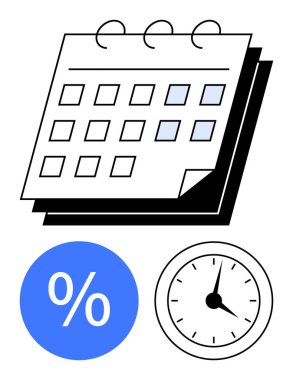 Sarmal ciltli takvim, mavi daireli yüzde işareti ve siyah elli ve sayılı saat. Bitiş tarihleri, programlar, atamalar, tasarruflar, zaman yönetimi, üretkenlik planlaması için ideal