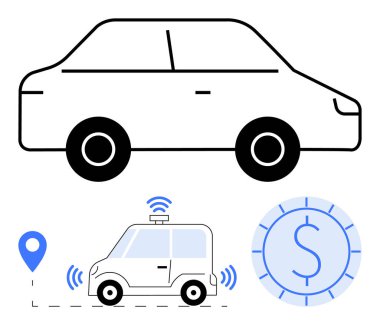 İzleme noktası, kablosuz sinyal, GPS ve para birimi simgesi ile minimal otomobil ana hatları otomatik sürüş araçları, bağlantı, gezinti paylaşımı, GPS navigasyon, değer, teknoloji