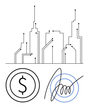 Geometrik şehir ana hatları teknik bağlantı, para birimi parası ve dijital imza çemberi. Teknoloji, finans, altyapı, yenilik, gelecek, dijital dönüşüm kentsel planlama için ideal