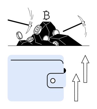 Madencilik aletleri üzerinde Bitcoin sembolü olan bir kayadan bozuk para ve yukarı doğru ok olan bir cüzdan çıkarıyor. Engelleme zinciri, kripto para birimi, madencilik, cüzdan, işlemler, büyüme, yatırım, daire için ideal