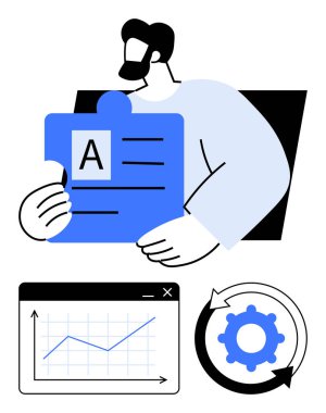 Yapboz parçası, grafik, bisiklet okları olan adam veri odaklı planlama, problem çözme, işbirliği, optimizasyon, büyüme, iş akışı bilgi binasını temsil ediyor. İş için ideal